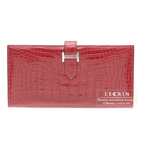 Hermes　Bearn bi-fold wallet　Rouge vif　Alligator　crocodile skin　Silver hardware