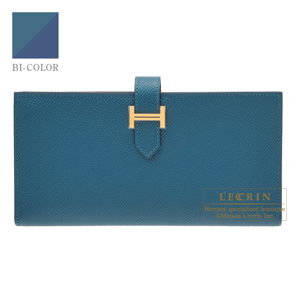Hermes　Bearn Soufflet Verso　Vert bosphore/　Deep blue　Epsom leather　Gold hardware