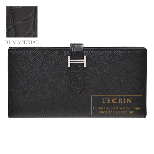 Hermes　Bearn Soufflet Touch　Black　Epsom leather/　Matt alligator crocodile skin　Silver hardware