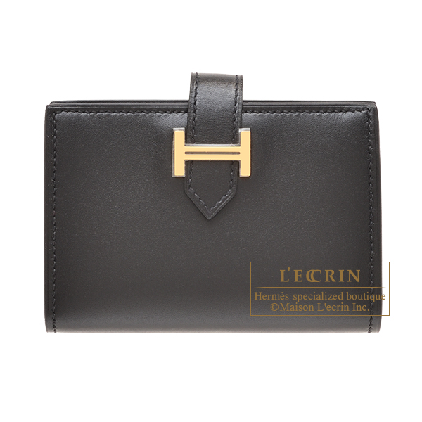 Hermes　Bearn card case　Black　Tadelakt leather　Gold hardware