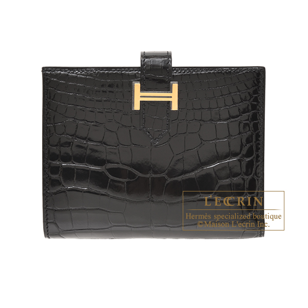 Hermes　Bearn compact wallet　Black　Alligator　crocodile skin　Gold hardware