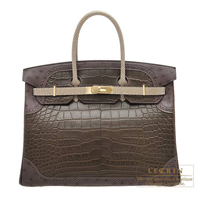 Hermes　Birkin Ghillies bag 35　Elephant grey/　Marron fonce/　Ficelle