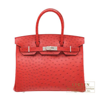 Hermes　Birkin bag 30　Rouge vif　Ostrich leather　Silver hardware
