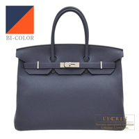 Hermes　Birkin Verso bag 35　Blue nuit/　Orange poppy　Togo leather　Silver hardware