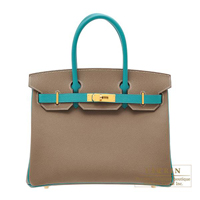 Hermes　Personal Birkin bag 30　Etoupe grey/　Blue paon　Epsom leather　Matt gold hardware