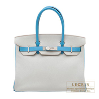 Hermes　Personal Birkin bag 30　Pearl grey/　Turquoise blue　Chevre myzore goatskin　Silver hardware