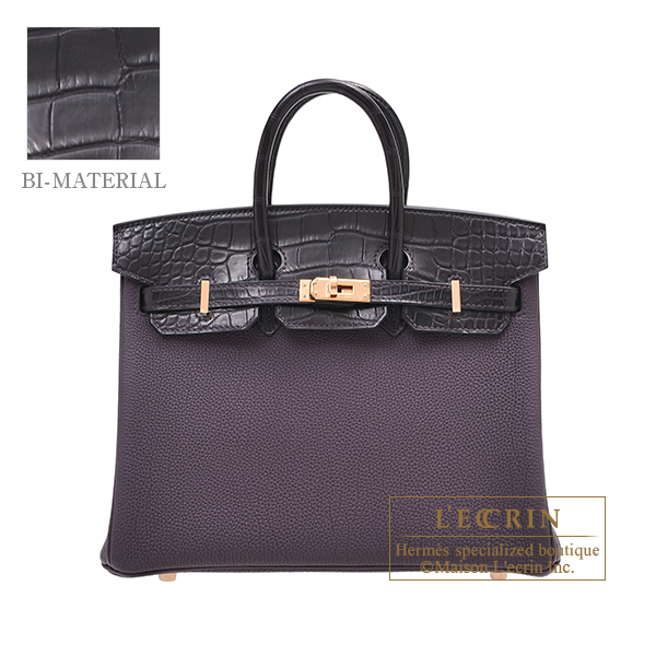 Hermes　Birkin Touch bag 25　Raisin/　Prunoir　Togo leather/　Matt alligator crocodile skin　Rose gold hardware