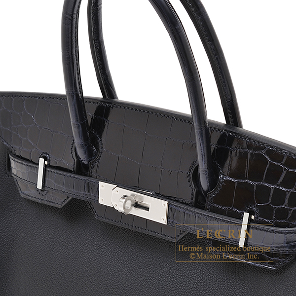 Hermes　Birkin Touch bag 30　Black/Blue Marine　Novillo leather/　Niloticus crocodile skin　Silver hardware