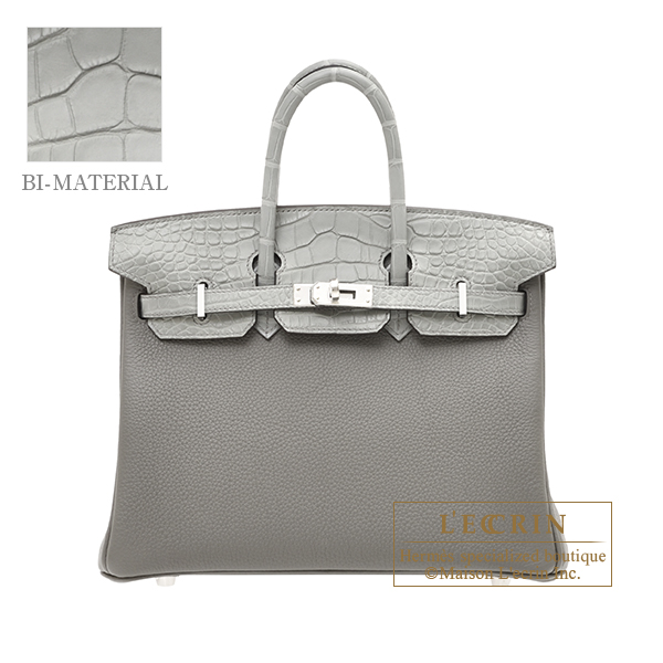 Hermes　Birkin Touch bag 25　Gris meyer/Gris ciment　Togo leather/Matt alligator crocodile skin　Silver hardware