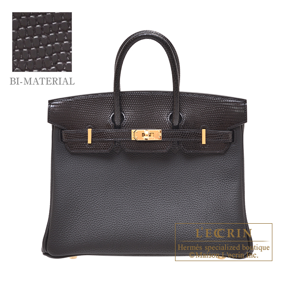 Hermes　Birkin Touch bag 25　Black　Togo leather/　Lizard skin　Gold hardware