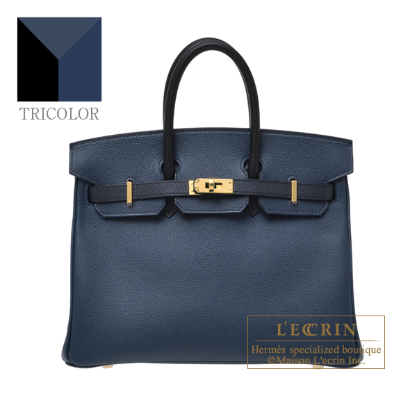 Hermes　Birkin Tricolore bag 25　Blue de presse/Blue indigo/Black　Epsom leather　Gold hardware