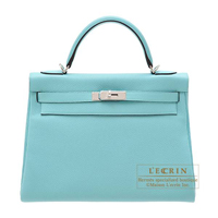 Hermes　Kelly bag 32　Retourne　Blue atoll　Clemence leather　Silver hardware