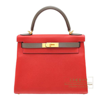 Hermes　Personal Kelly bag 28　Retourne　Rouge casaque/　Etain　Epsom leather　Matt gold hardware