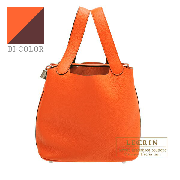 Hermes　Picotin Lock　Eclat bag MM　Orange poppy/　Bordeaux　Clemence leather/　Swift leather　Silver hardware