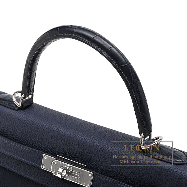 Hermes　Kelly Touch bag 28　Retourne　Blue nuit/　Blue de malte　Togo leather/　Matt alligator　crocodile skin　Silver hardware