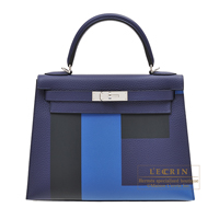 Hermes　Kelly Graphie bag 28　Sellier　Blue encre/Blue zellige/Black/Vert cypres　Clemence leather/Epsom leather/Sombrero leather　Silver hardware