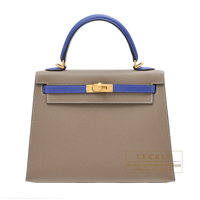 Hermes　Personal Kelly bag 25　Sellier　Etoupe grey/　Blue electric　Epsom leather　Matt gold hardware