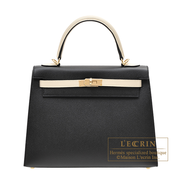 Hermes　Personal Kelly bag 25　Sellier　Black/Craie　Epsom leather　Champagne gold hardware