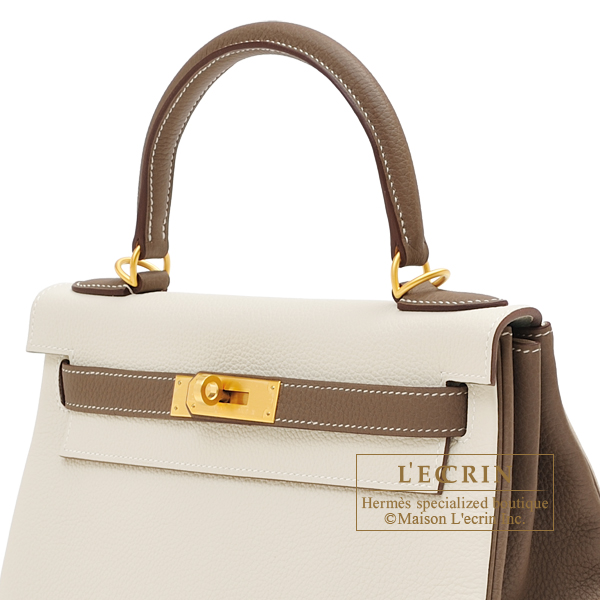 Hermes　Personal Kelly bag 28　Retourne　Craie/　Etoupe grey　Togo leather　Matt gold hardware