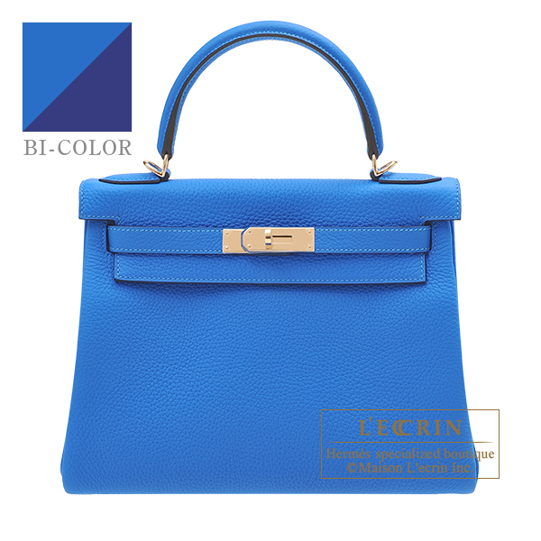 Hermes　Personal Kelly bag 28　Retourne　Blue hydra/　Blue saphir　Clemence leather　Champagne gold hardware