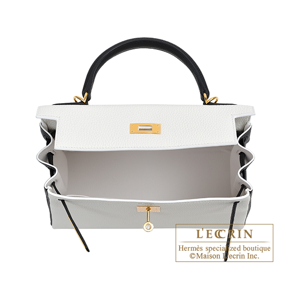 Hermes　Personal Kelly bag 28　Retourne　White/　Black　Clemence leather　Gold hardware