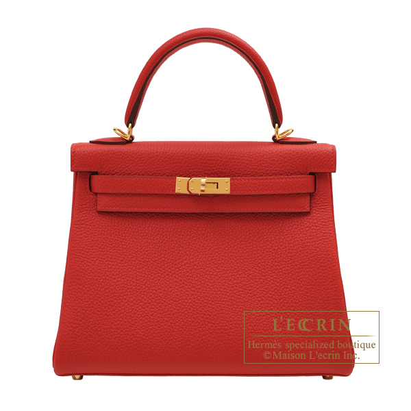Hermes　Kelly bag 25　Retourne　Rouge casaque　Togo leather　Gold hardware