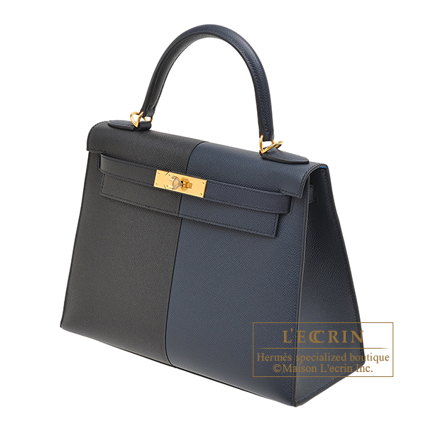 Hermes　Kelly Casaque bag 28　Sellier　Blue indigo/Black/Blue frida　Epsom leather　Gold hardware
