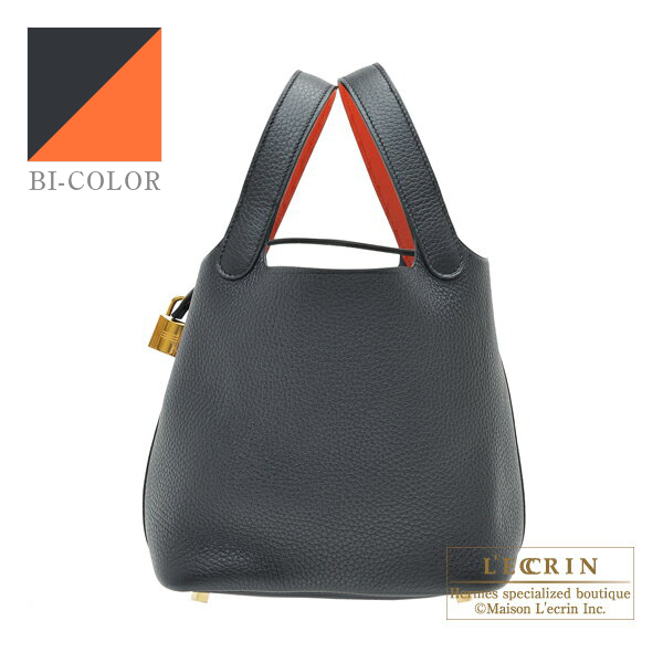Hermes　Picotin Lock　Eclat bag PM　Blue indigo/　Orange poppy　Clemence leather/　Swift leather　Gold hardware