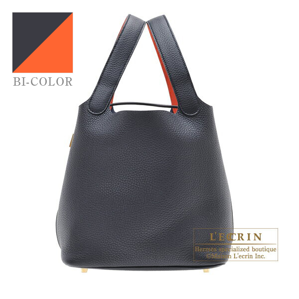 Hermes　Picotin Lock　Eclat bag MM　Blue indigo/　Orange poppy　Clemence leather/　Swift leather　Gold hardware