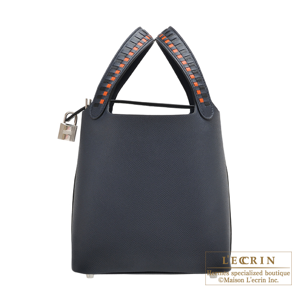 Hermes　Picotin Lock　Tressage De Cuir bag PM　Blue indigo/Black/　Terre battue　Epsom leather　Silver hardware