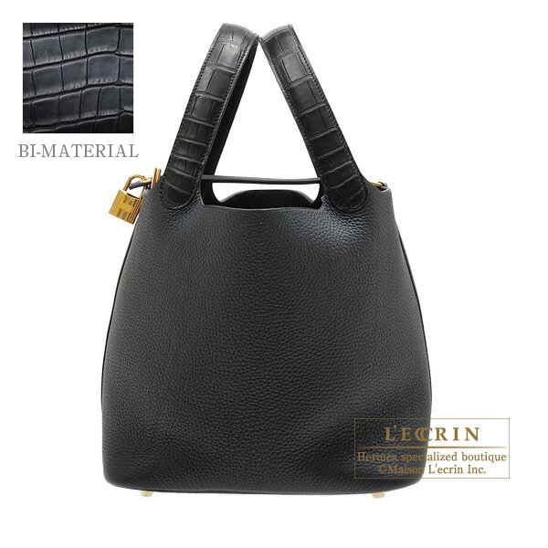 Hermes　Picotin Lock　Touch bag MM　Black　Clemence leather/Matt alligator crocodile skin　Gold hardware