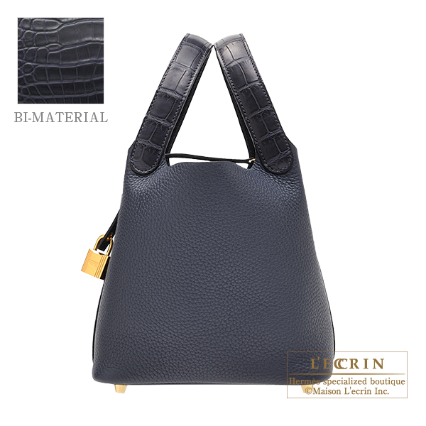 Hermes　Picotin Lock　Touch bag PM　Blue nuit　Clemence leather/　Matt alligator crocodile skin　Gold hardware