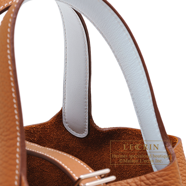 Hermes　Picotin Lock　Eclat bag PM　Gold/　Blue brume　Clemence leather/　Swift leather　Silver hardware
