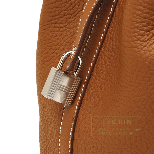 Hermes　Picotin Lock　Eclat bag PM　Gold/　Blue brume　Clemence leather/　Swift leather　Silver hardware