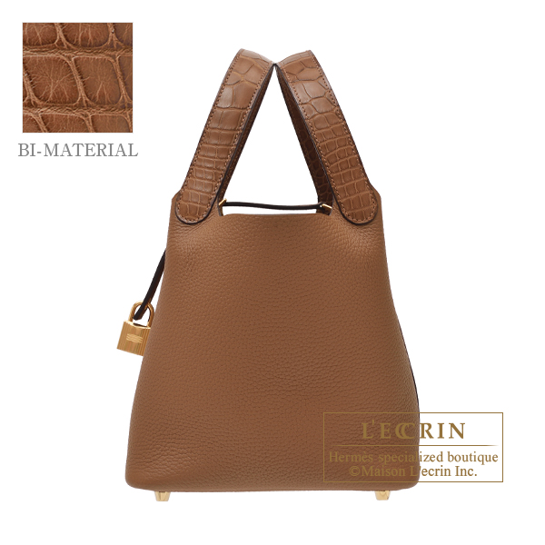 Hermes　Picotin Lock　Touch bag PM　Alezan　Clemence leather/Matt alligator crocodile skin　Gold hardware